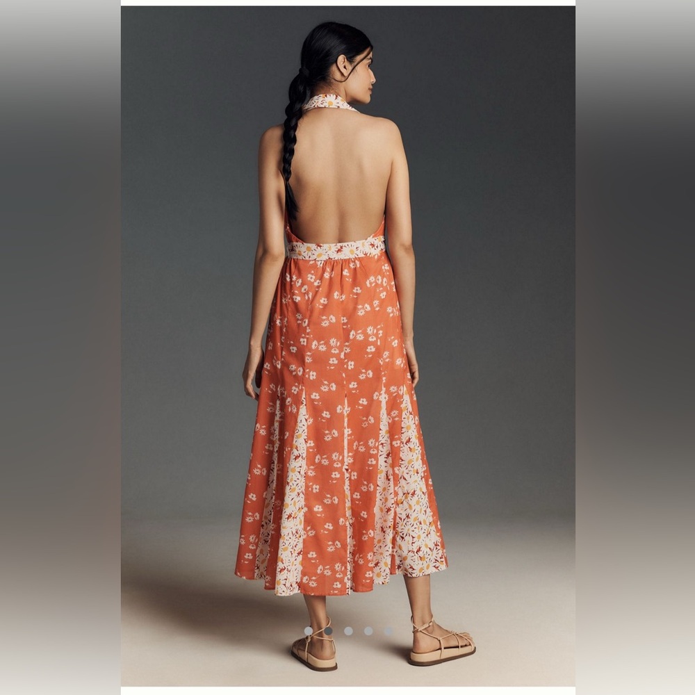 Anthropologie MAEVE HALTER OPEN-BACK GODET MIDI SHIRT DRESS Orange NWT Size S - Picture 2 of 6